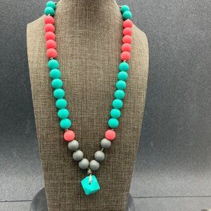 Beaded Necklace Silicone Cube Pendant Teething Turquoise Blue Pink Gray Silver
